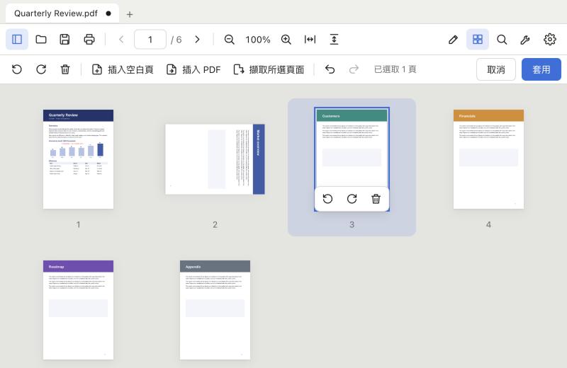 Palladium PDF page organiser showing six pages, one rotated and one selected